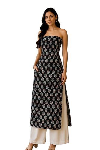 Image of Ethnics of Kutch Women's Ajrakh Modal Silk Natural Dye Hand Block Print Unstitched Kurta Fabric Mtr Length (3 Mtrs - Black 30102Q)