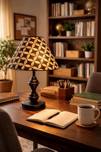 Image of tu casa Modern Table Lamp with Crimson Floral Satin Shade | Metal Iron Base Decorative lamp for Living Room| Study & Home Decor, Designer Table Lamp for Gifting (Infinity Lattice)
