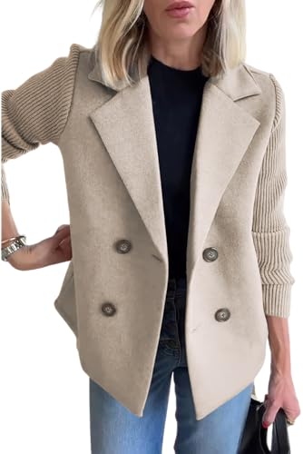 ebossy Women's Double Breasted Wool Pea Coat Notched Lapel Ribbed Knit Long Sleeve Sweater Short Blazer Jacket