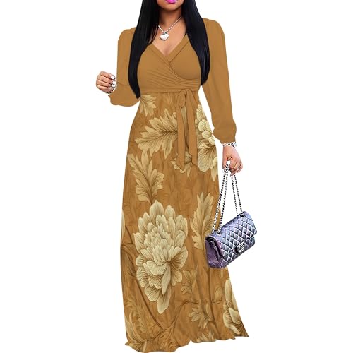 Image of Women's Plus Size Maxi Dresses Long Sleeves V Neck Floral Print Bohemian Swing Long Dress with Belt