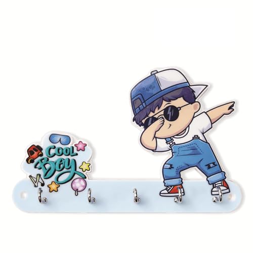 Image of KNP Kids Wall Organiser, Acrylic, Cartoon Theme, 5 Stainless Steel Hook, Weather Proof and Anti-Rust, Wall Mounted Key Holder (Coolboy)