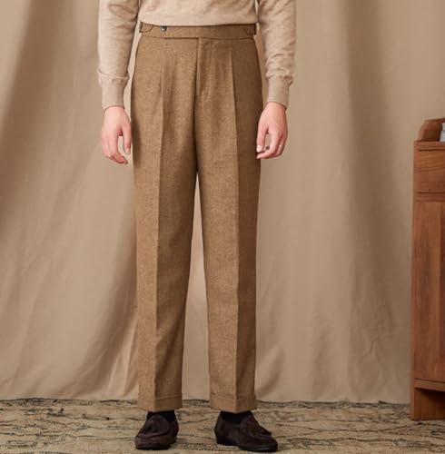 Men Vintage Slim Fit Wool Tweed Pants Herringbone Pleated Suit Trousers2
