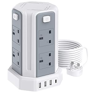 Tower Extension Lead with USB Slots, 3M Multi Plug Extension 8 Way Outlets and 4 USB (1 Type C and 3 USB Ports) [13A…