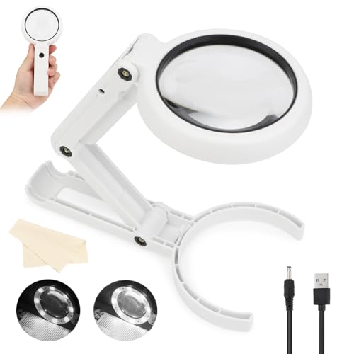 Rongon Foldable Magnifying Glass with Light and Stand 5X 11X Illuminated Handheld Magnifier Lighted Folding Magnifier for Reading Inspection Jewelry Stamp