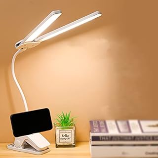 LED Desk Lamp Double Head - 3 Color Modes, Adjustable Brightness, Eye-Caring Reading Clip on Light with Touch Control White, Battery Operated Table Lamps for Study/Office/Home
