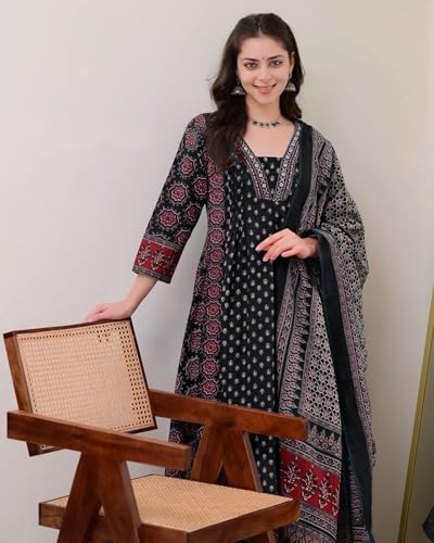 Image of ANNI Designer Women's Pure Cotton Anarkali Kurta Set for Women with Dupatta & Plazzo - Hand Block Print Suit Set | Stylish Dress | Cotton Kurta Set for Women