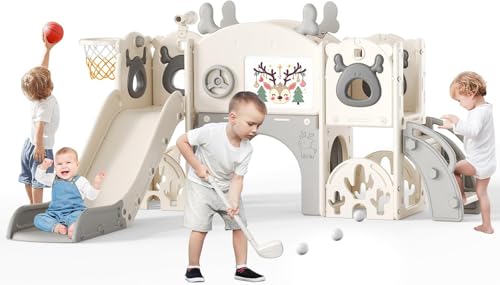 Tobogán infantil grande con canasta de baloncesto, estructura de escalada para jardín, telescópico, espacio de almacenamiento, para 1 – 3 años, extra largo 1700 mm (7 en 1 tobogán de alce – beige gris