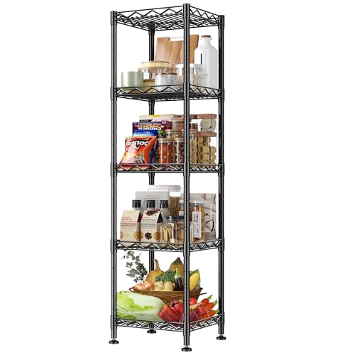 5 Tier Metal Shelving Unit Wire Shelves Storage Rack:Adjustable Storage Shelves Standing Bathroom Shelf and Narrow Small Shelf for Kitchen Pantry Closet Laundry Dorm Office 12''Wx12''Dx49''H Black