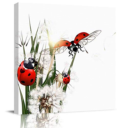 SIGOUYI 16x16in Indoor Canvas Prints Artwork with Framed - Dandelion and Seven-spot Ladybug Poster Painting Wall Art Pictures for Livingroom Bedroom Dinning Room Kitchen Office Decoration