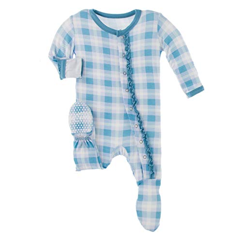 KicKee Print Muffin Ruffle Footie with Snaps Sleepwear, One Piece Baby Bodysuit, Girl Baby Clothes, Baby Footies Pajamas (Blue Moon 2020 Holiday Plaid - 18-24 Months)