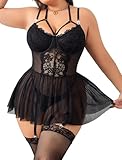 Alrovetoney Sexy Lingerie For Women 4pcs Plus Size Sexy Lingerie Set Includes Underwired Bra Thong And Stockings Black 3XL