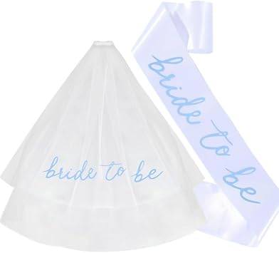 2 Pcs Bride to Be Sash and Veil Set - White Hen Party Accessories Tulle Veil for Bachelorette Party & Bridal Shower - Bridal to Be Wedding Party Decorations White-Blue