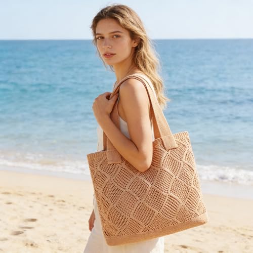 Image of COOKOOKY Lined Crochet Tote Beach Shoulder Bag Women Casual Work Shopping | Lined crochet tote with soft structure, perfect for beach, work, shopping. Roomy & lightweight for daily use.