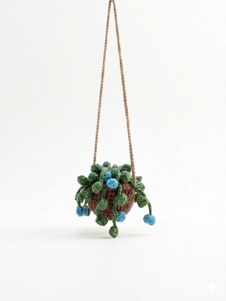Car Mirror Accessories Hanging Crochet Decor Ornament Pot Plant (Blue Brown Succulent)