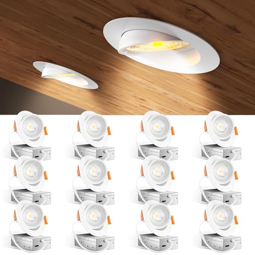 Amico 12 Pack 4 Inch 5CCT Gimbal LED Recessed Lighting, 360°&90°Adjustable Eyeball Directional Downlight, Dimmable, 2700K/3000K/3500K/4000K/5000K Selectable, 9W 700LM CRI90+, White, ETL&FCC