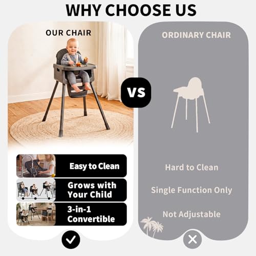 Image of 3-in-1 High Chair for Babies and Toddlers, Infant to Toddler Seating&Dining | Easy Clean Convertible Portable Dishwasher Tray 5-Point Harness Stable Non-Slip Feet Waterproof Seat Pad Black