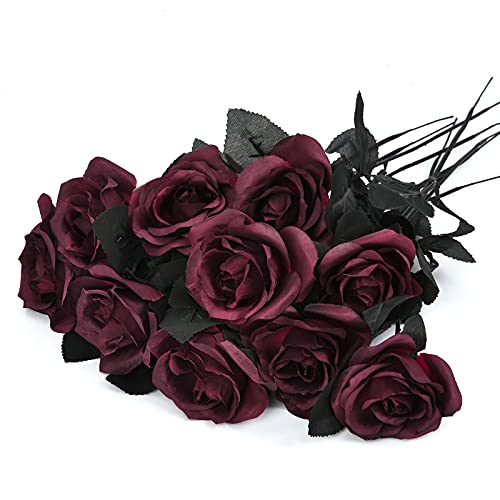 Artflower 10 Pack Artificial Silk Roses Bouquet with Long Stem, 16'' Wine Red Rose Lifelike Fake Rose Flowers for Christmas Wedding Birthday Party Table Centerpieces Decor