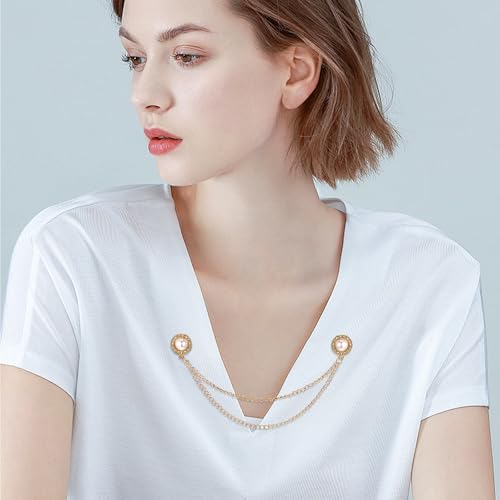 Image of 10 Pcs Vintage Sweater Shawl Clips Pearl Brooch Sweater Shawl Safety Pins, Women Brooch Pins Sweater Shawl Clips Faux Crystal Pearl Brooches Cardigan Collar Holders Vintage Sweater Shawl Chain Clips (Silver and Gold)