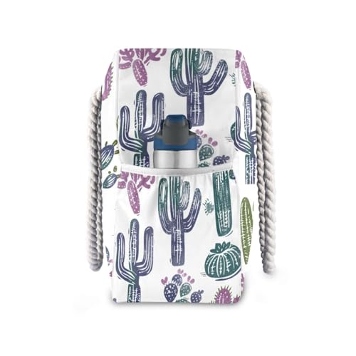 Retro White Cactus Collection Sandproof Women Tote Bags with side pocketes Beach Bag Sandproof Outdoor for Pool Gym Grocery Travel3