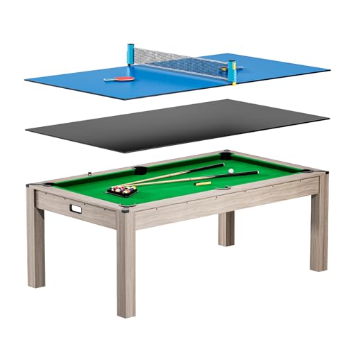 Garvee 7FT 3 in 1 Pool Table with Dining & Table Tennis Top Multi-Game Table with Accessories (Balls Cues Ping Pong) Convertible Billiards and Table Tennis HDF Wood Grain Finish & Chrome Accents