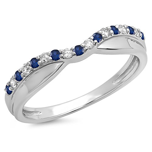14K Solid Gold Round Cut Blue Sapphire & White Diamond Anniversary Wedding Stackable Contour Guard Band