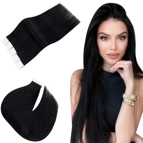 Easyouth Tape in Extensions Human Hair Jet Black Tape in Hair Extensions Real Human Hair Black Human Hair Extensions Tape in Natural Look 14 Inch 40g 20Pcs #1