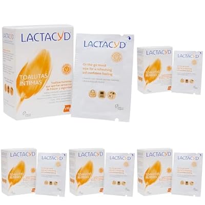 Lactacyd Toallitas húmedas Higiene íntima Aporta sensación de frescor y seguridad 100% biodegradable con ácido Lláctico natural 10 toallitas individuales  Paquete de 5 