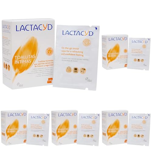 Lactacyd Toallitas húmedas Higiene íntima Aporta sensación de frescor y seguridad 100% biodegradable con ácido Lláctico natural 10 toallitas individuales (Paquete de 5)
