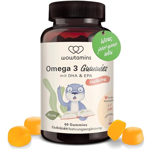 wowtamins Omega 3 für Kinder zuckerfrei - vegane & hochdosierte Gummies (60 Stück) mit EPA und DHA aus Algenöl - Nahrungsergänzungsmittel kinderleicht und lecker (Mango-Geschmack)
