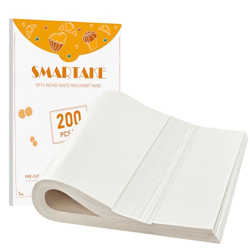 SMARTAKE 200 Pcs Parchment Paper Baking Sheets, 10x15 Inch Non-Stick Precut Baking Parchment, Suitable for Baking Grilling Air Fryer Steaming Bread Cup Cake Cookie and More (White)