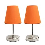 Simple Designs LT2013-ORG-2PK Mini Basic 2 Pack Sand Nickel Table Lamp with Fabric Shade Set, Orange, 2 Count