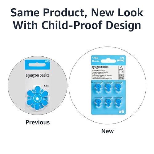 Image of Amazon Basics 60-Pack Size 675 Zinc-Air Hearing Aid Batteries, 1.45 Volt, Blue Tab, 4-Year Shelf Life, Mercury Free, Child-Safe Package (Use Scissors to Open)