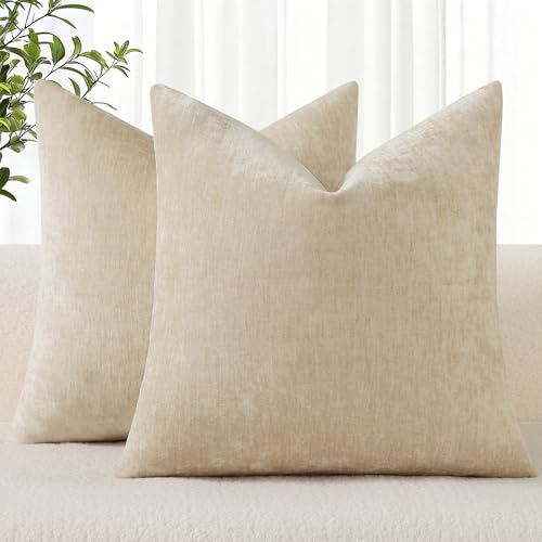 decorUhome Chenille Beige Throw Pillow Covers 18x18 Inch Set of 2, Decorative Soft Couch Pillow Covers Solid Dyed Accent Farmhouse Neutral Square Pillow Cases...