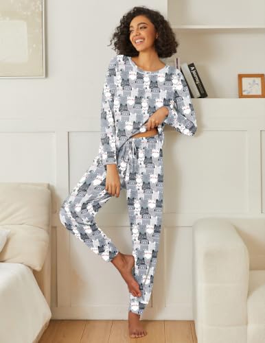 Image of Ekouaer 2 Pack Womens Pajama Sets Long Sleeve Lounge Sets Soft Pj Loungewear Sleepwear