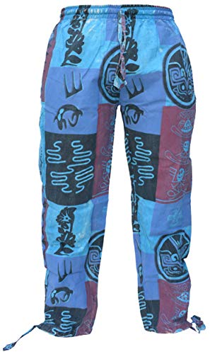 Gheri Mens Hemp Cotton Tribal Patchwork Gecko Print Aztec Symbols Loose Straight Trouser Pants
