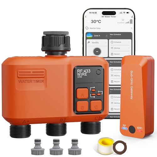 XinFuture Computer di irrigazione intelligente WLAN 3 uscite con 300 metri RF, super copertura WiFi, sistema di irrigazione giardino con ritardo di pioggia, app e controllo vocale, timer automatico