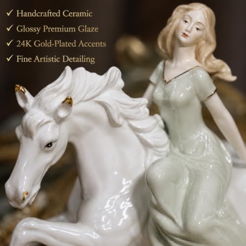 Image of Armonia Royal Grace Lady with Horse Figurine, Premium Ceramic Statue with 24K Gold-Plated, Luxury Home Decor Showpiece for Living Room, Office,Shelf Decoration, Housewarming & Gift for Women,11.8 Inch