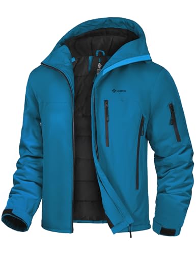 GEMYSE Herren Skijacke mit integrierte Schulterträger und Kapuze Warm Winterjacke Wasserdicht Berg Windbreaker Jacke für Snowboarden Wandern(Azurblau,L)