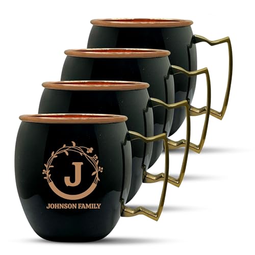Custom Copper Moscow Mule with Smooth Painted Finish - Engraved Bar Style 100% Copper Cup with Personalized Together Initial Family Monogram Themed Engraving, Brass Handle | 18 oz, Black | Set of 4