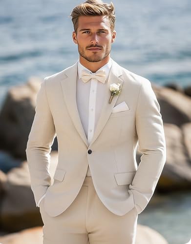 VENNYNG Men's Wedding Linen Suits Classic Fit Summer Solid Colored Tailored Fit 2 Piece Single Breasted One-Button2