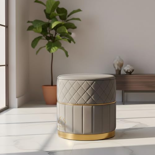 Image of ENIQE STORE Set of 2 Round Velvet Ottoman Footstool Gold Base - Tufted Upholstered Pouffe Stool for Living Room, Bedroom & Dressing Area (Grey)