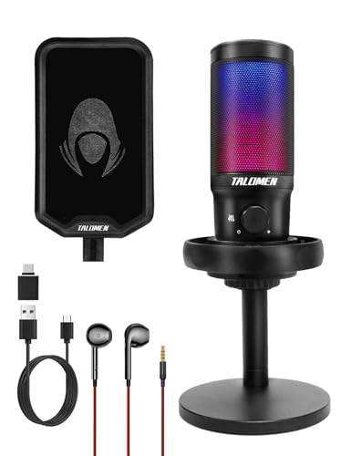 talomen Gaming Microfono para PC PS4 PS5, USB Condensador Micrófono de Cardioide para Ordenador Podcast Streaming Studio, con RGB, Botón de Silencio, Filtro Anti-Pop, Soporte de Choque F8