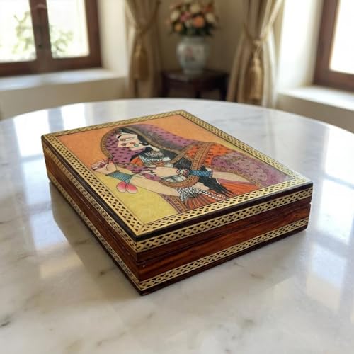 Image of Gemstone Bani Thani Print Wooden Jewelry Box for Women, Brass Border Painting (5.28)