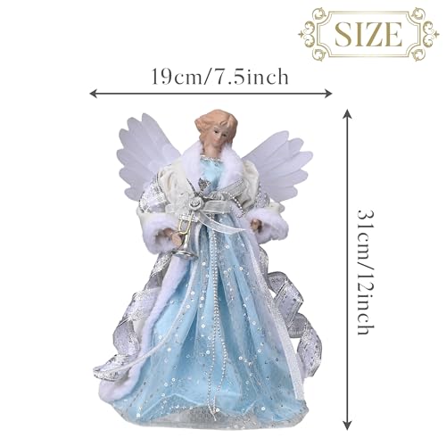 Ángel con plumas para punta de árbol de Navidad con luces LED multicolor y encaje azul de 31cm 7