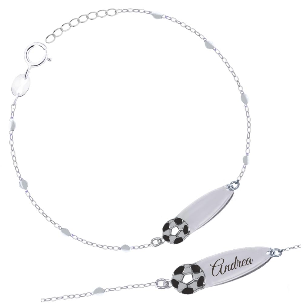 Bracciale Rosary in Argento 925 con Pallone da Calcio e Piastrina Incidibile per Bambini Kids Collection + Confezione Regalo Personalizzata - Braccialetto per Nascita Comunione Battesimo Compleanno