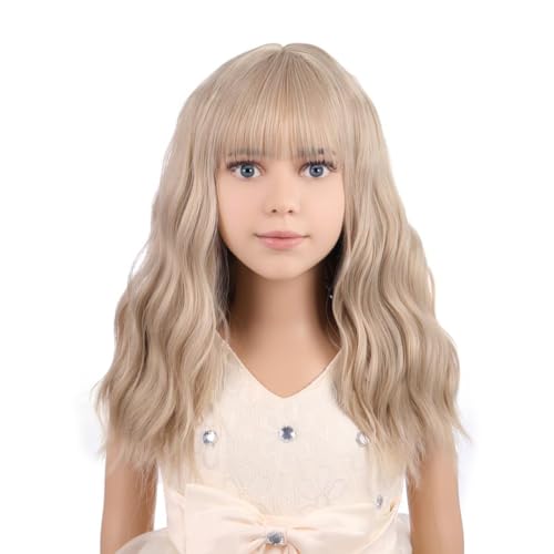 PATTNIUM Blonde Wig Short for Kids Girls Wavy Wig with Bangs Child Flaxen Blonde Wigs Synthetic Cosplay Halloween Party Costume Wigs (Flaxen Blonde)