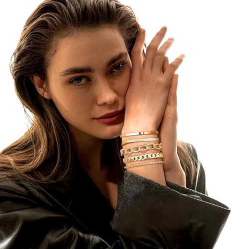 16k Chunky Gold Bracelets for Women Trendy Womens Gold Bracelet Stack Layered Chunky Chain Bracelets Waterproof Link Cuff Herringbone Bracelet Fashion Accessories Gifts for Women2