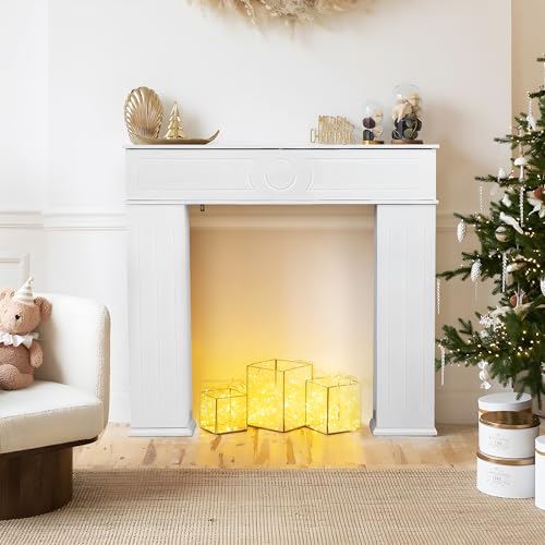 Fofetbfo Manteau de Cheminée à 3 Portes laquée, 107 x 18 x 100 cm Cheminee Decorative avec Espace de Rangement, Cadre Cheminee Shabby, Console de cheminée, Bois...