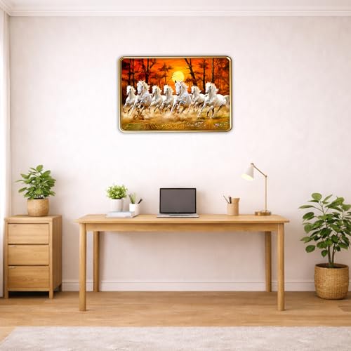 Image of XOPY Seven Running Horses Canvas with Golden Frame | Vastu 7 horses Raw Pyrite Painting for Home, Office & Living Room Wall Decore | 12X18 Inch Sparkle Laminated Frame | Best For Gifting (53310, 12X18)