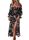 BLENCOT Women's Floral Print Puff Long Sleeve Maxi Dress Sexy Square Neck Tie Front Ruffle Hem Split A-line Beach Dresses Black L